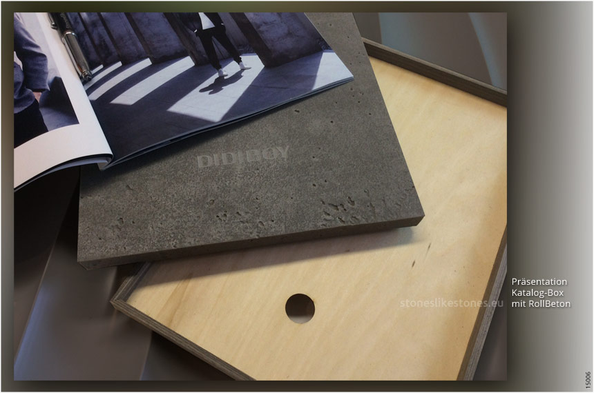 Repräsentative Katalog-Box mit bedrucktem RollBeton-Deckel – Abb. StoneslikeStones 15006