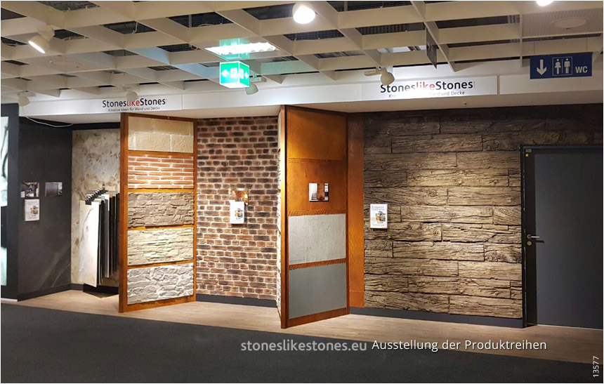 Ausstellung mit Dünnschiefer, RollBeton, RollRost, Steinpaneelen und Holzdekoren von StoneslikeStones 13577