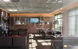 Modernes Ambiente in einer Kochschule mit dem Kunststeinpaneel Ladrillo Loft classic - Gastronomie 00886